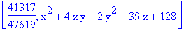 [41317/47619, x^2+4*x*y-2*y^2-39*x+128]